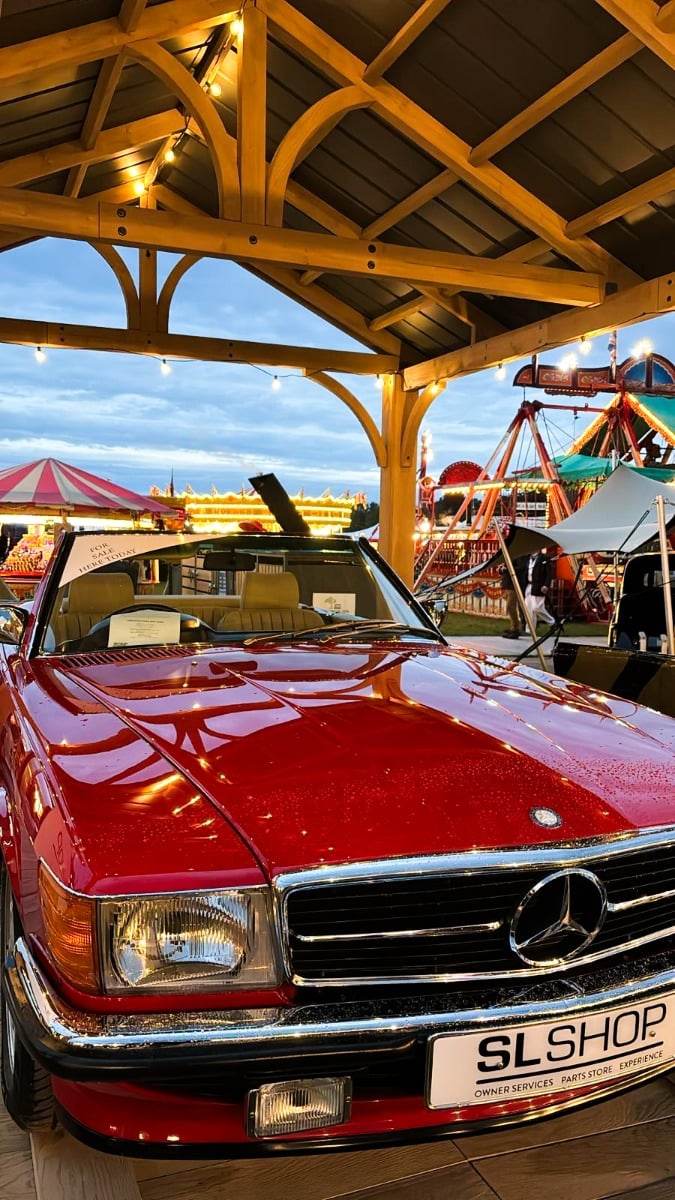 Cedar Gazebo with red classic Mercedes car